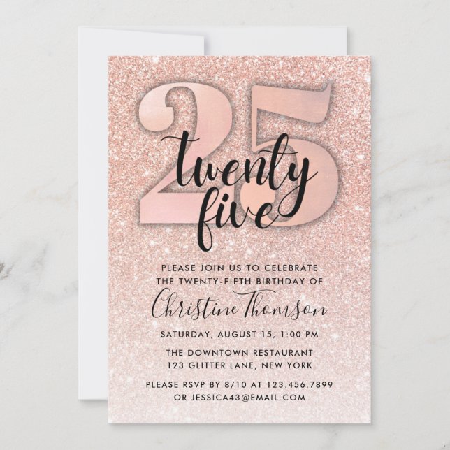 Rose Gold Glitter 25th Birthday Invitation (Front)