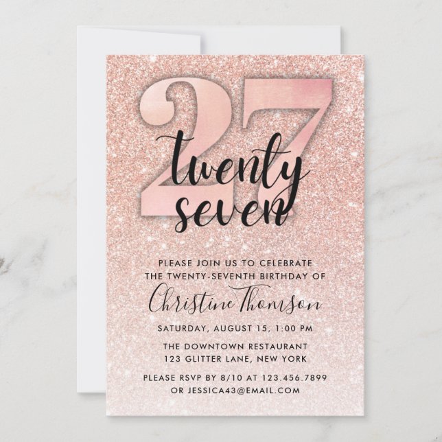 Rose Gold Glitter 27th Birthday Invitation (Front)