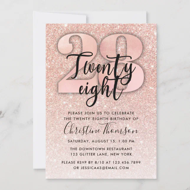 Rose Gold Glitter 28th Birthday Invitation | Zazzle