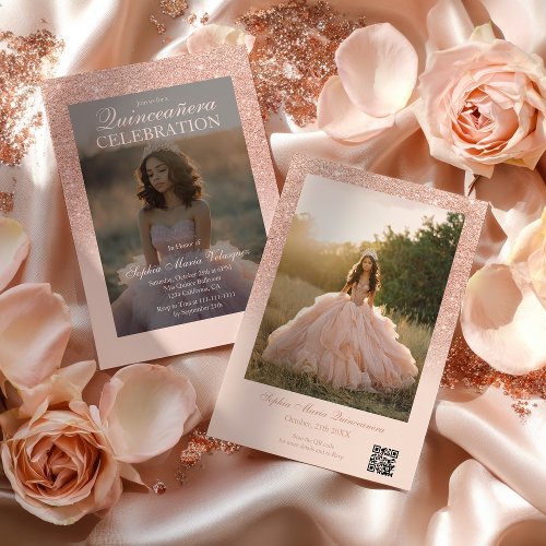 Rose Gold Glitter 2 photos Qr blush Quincea&#241;era Invitation