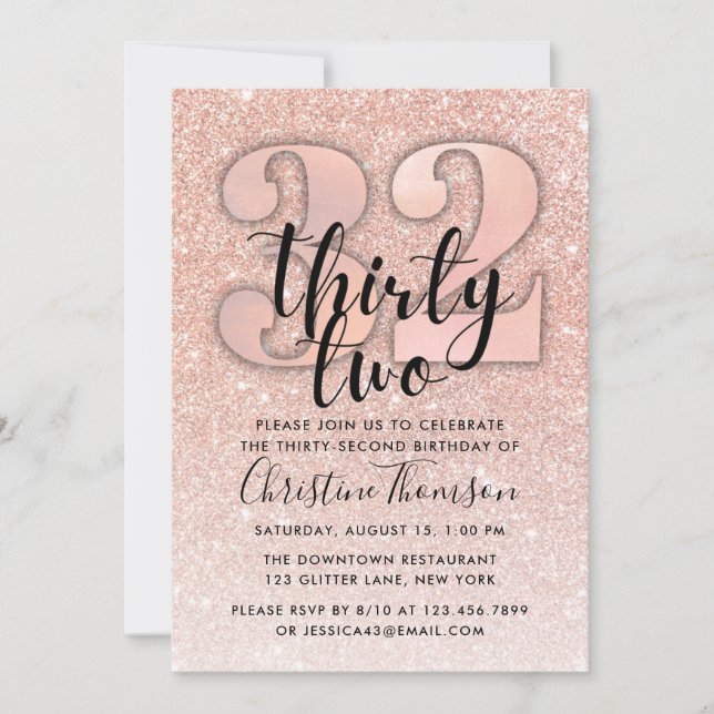 Rose Gold Glitter 32nd Birthday Invitation (Front)