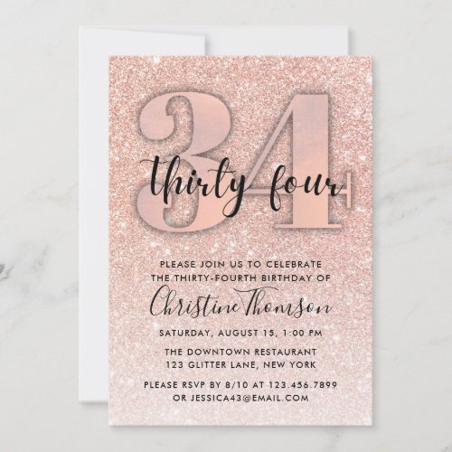 Rose Gold Glitter 34th Birthday Invitation