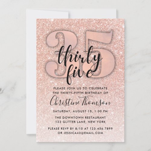 Rose Gold Glitter 35th Birthday Invitation