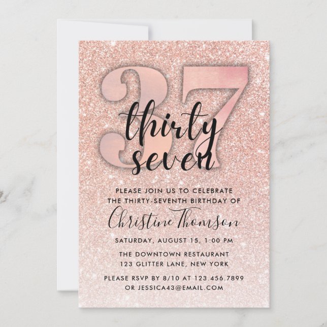Rose Gold Glitter 37th Birthday Invitation (Front)