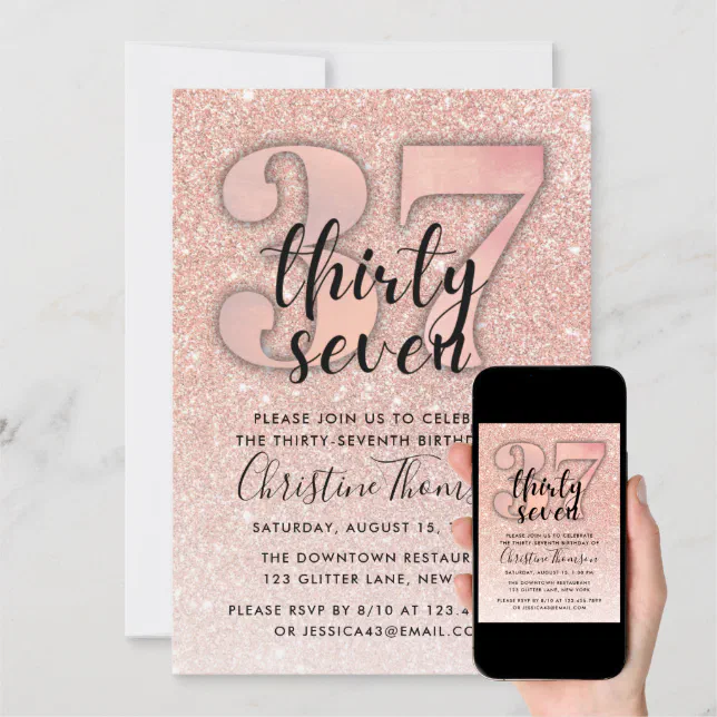 Rose Gold Glitter 37th Birthday Invitation | Zazzle