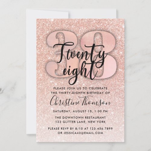 Rose Gold Glitter 38th Birthday Invitation