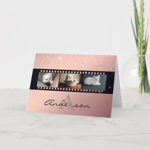 Rose Gold Glitter 3 Photo Film Strip Collage Card