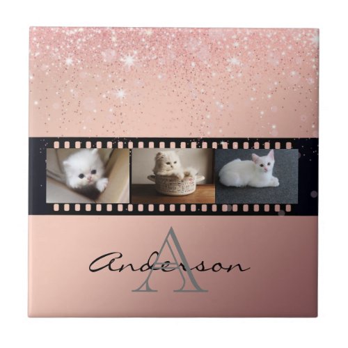 Rose Gold Glitter 3 Photo Film Strip Collage Ceramic Tile