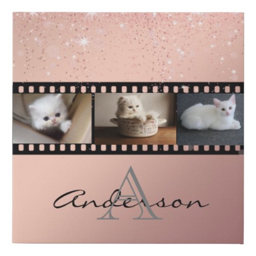 Rose Gold Glitter 3 Photo Film Strip Collage Faux Canvas Print