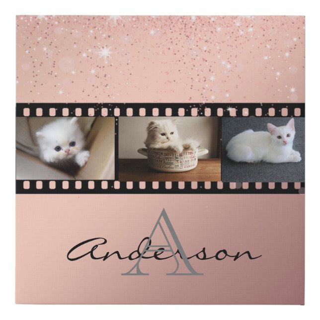 Rose Gold Glitter 3 Photo Film Strip Collage Faux Canvas Print (Front)