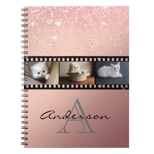 Rose Gold Glitter 3 Photo Film Strip Collage Notebook