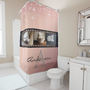 Rose Gold Glitter 3 Photo Film Strip Collage Shower Curtain
