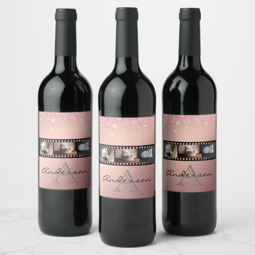 Rose Gold Glitter 3 Photo Film Strip Collage Wine Label