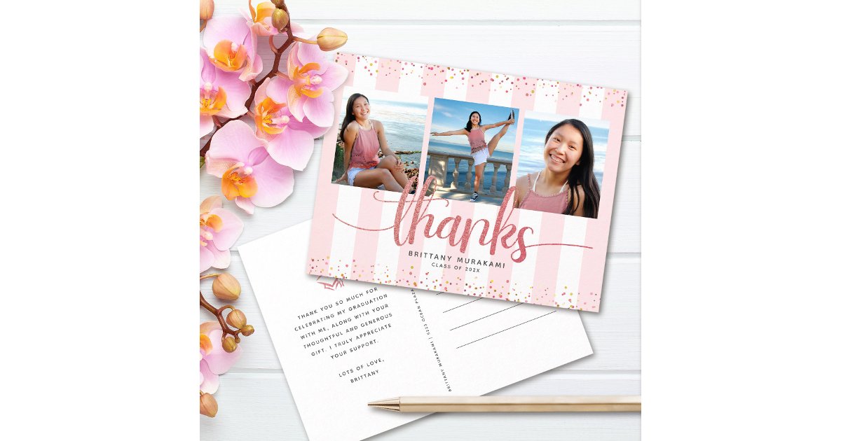 Rose gold glitter 3 photo graduation thank you postcard | Zazzle