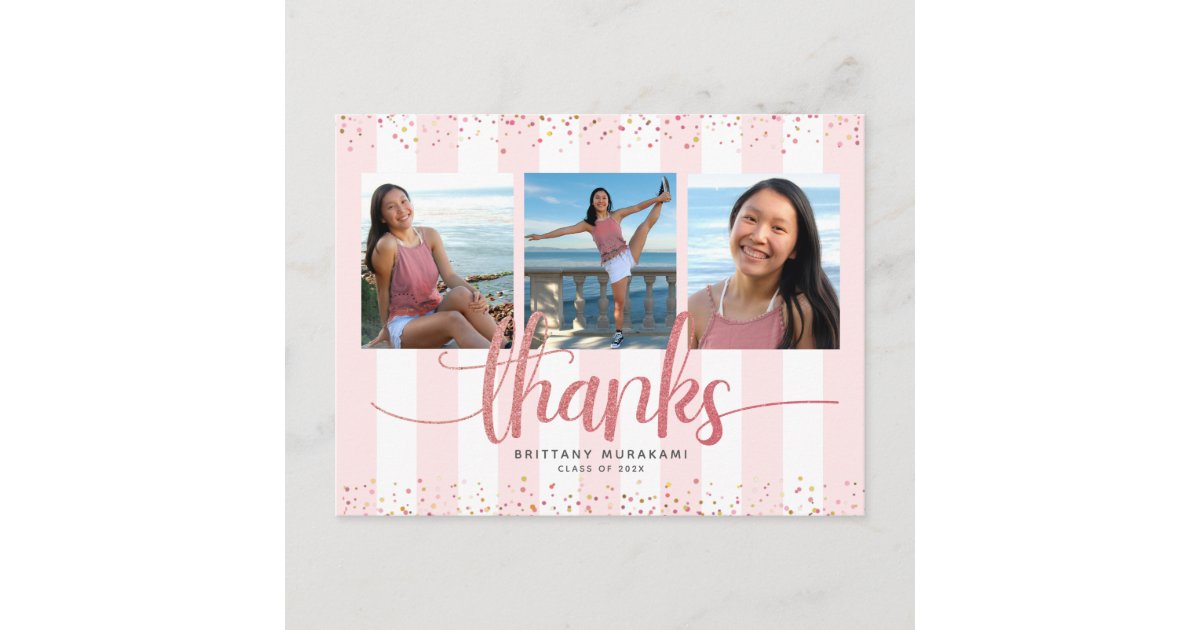 Rose gold glitter 3 photo graduation thank you postcard | Zazzle