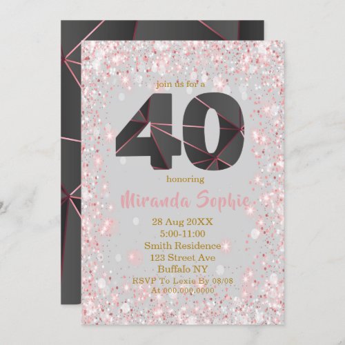 Rose Gold Glitter 40th Birthday Invitations 