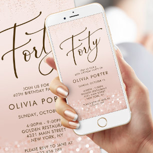 Rose Gold Glitter 40th Birthday Mobile Invite