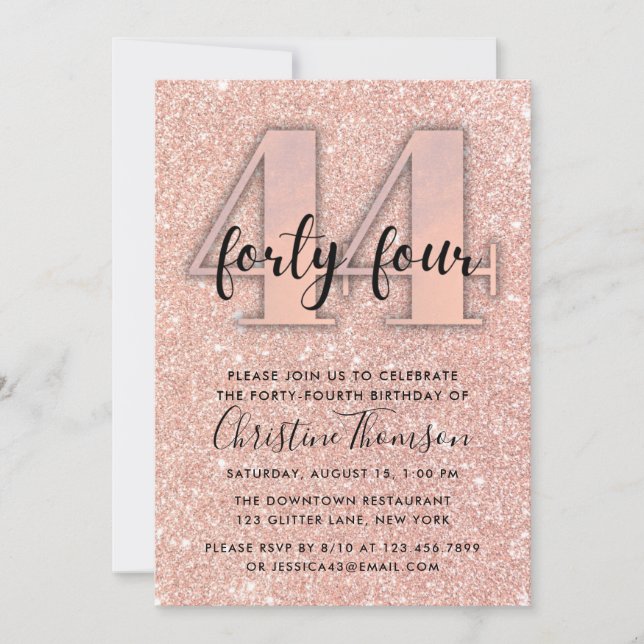 Rose Gold Glitter 44th Birthday Invitation (Front)