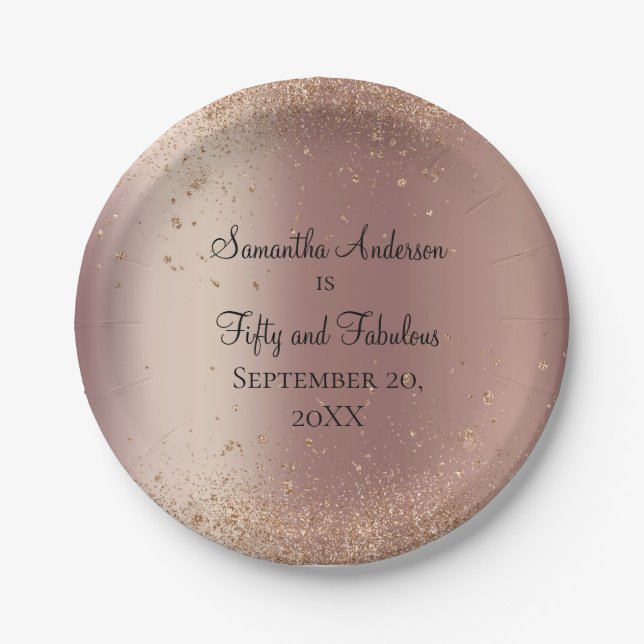 Rose Gold Glitter 50 and Fabulous Birthday  Paper Plates (Front)