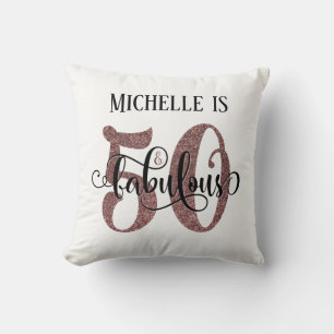 Rose Gold Glitter 50 & Fabulous Birthday on White Throw Pillow