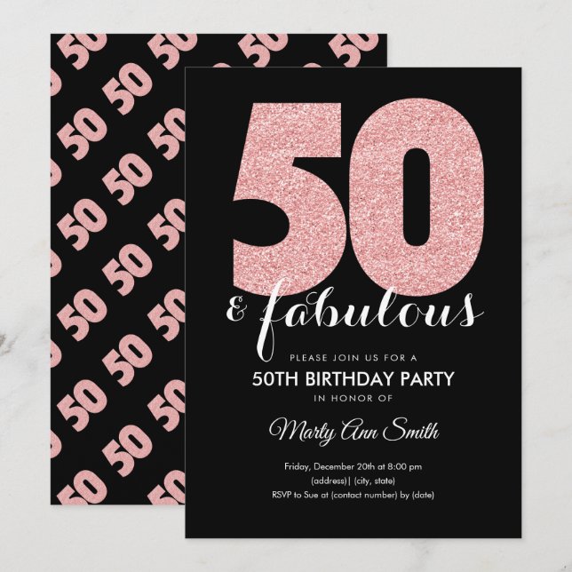 Rose Gold Glitter 50 & Fabulous Birthday Party Invitation (Front/Back)