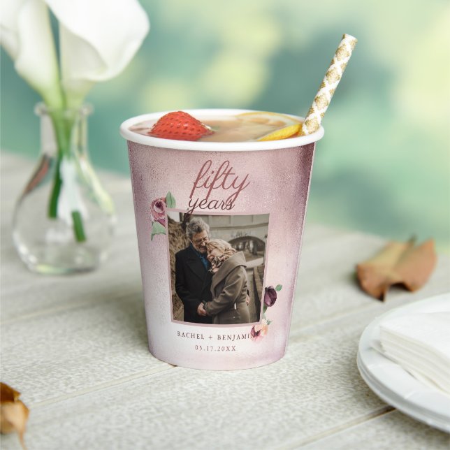 Rose Gold Glitter 50 Year Wedding Anniversary Pink Paper Cups (Insitu)