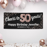 Rose Gold Glitter 50th Birthday Banner<br><div class="desc">Elegant fiftieth birthday party banner featuring a stylish black background that can be changed to any color,  rose gold sparkly glitter,  fifty rose gold hellium balloons,  and a modern 50th birthday celebration text template that is easy to personalize.</div>