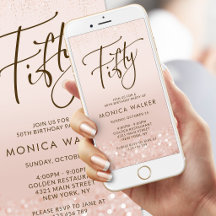 Rose Gold Glitter 50th Birthday Mobile Invite