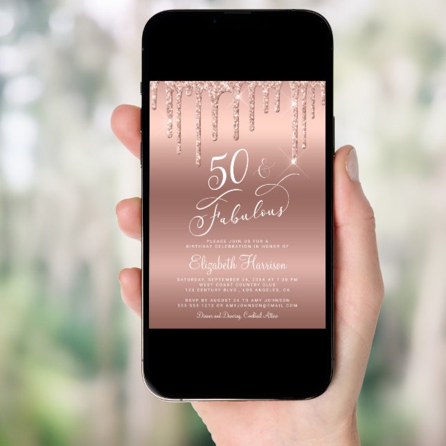 Rose Gold Glitter 50th Birthday Party Invitation (Front Digital)