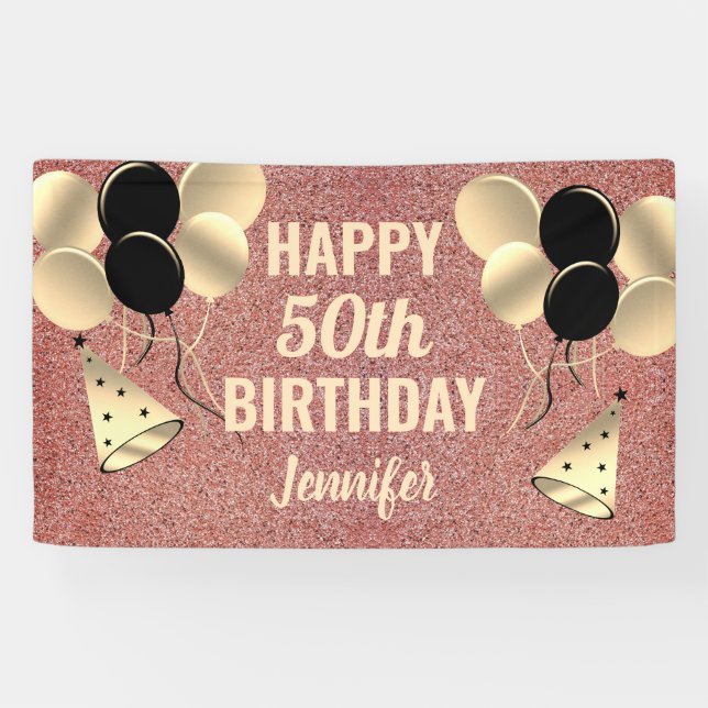 Rose Gold Glitter 50th Birthday Party Personalized Banner (Horizontal)
