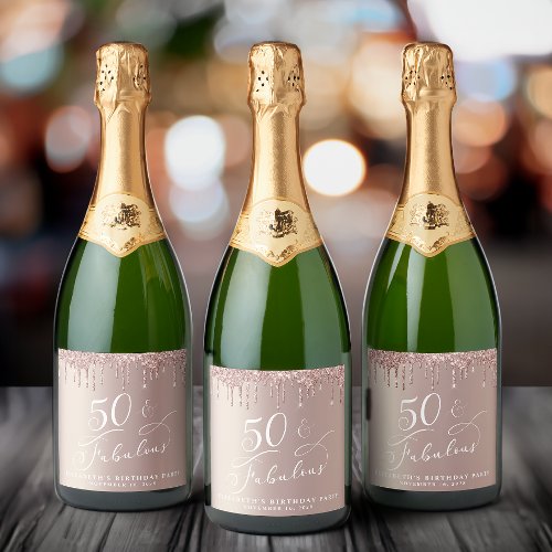 Rose Gold Glitter 50th Birthday Party Sparkling Wine Label