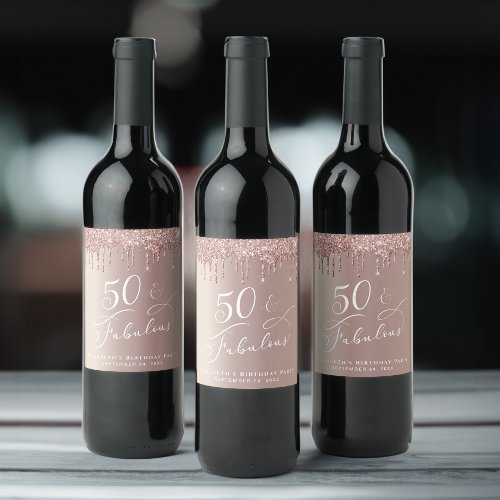 Rose Gold Glitter 50th Birthday Party Wine Label