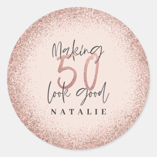 Rose gold glitter 50th birthday thank you favor classic round sticker