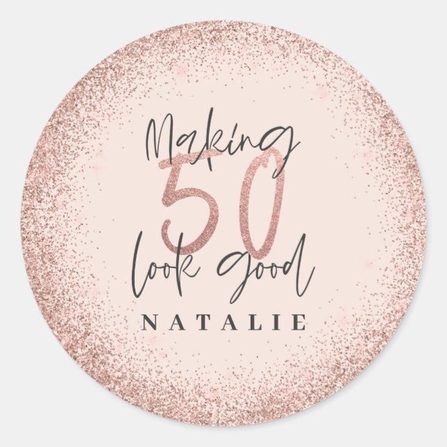 Rose gold glitter 50th birthday thank you favor classic round sticker (Front)