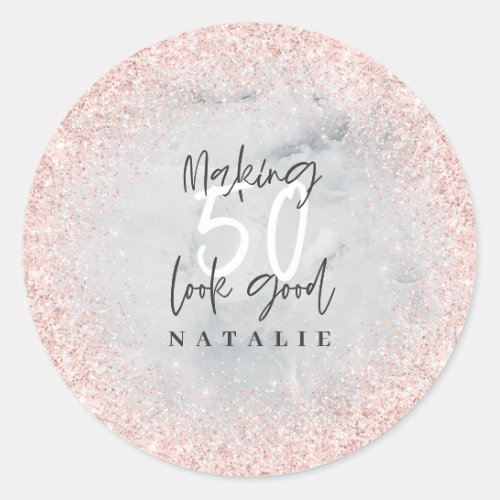 Rose gold glitter 50th birthday thank you favor classic round sticker
