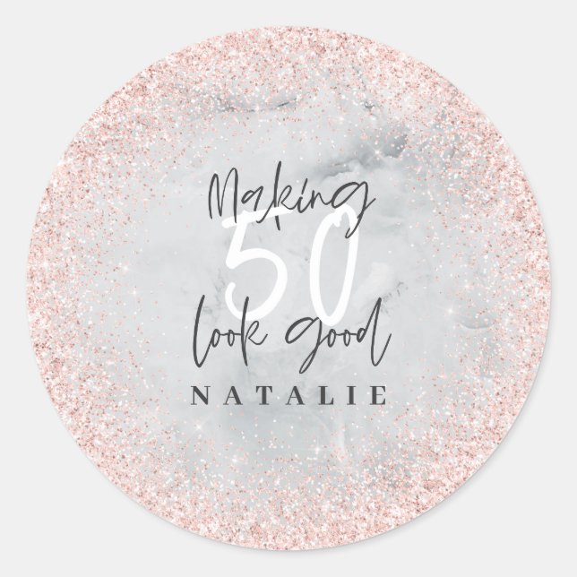 Rose gold glitter 50th birthday thank you favor classic round sticker (Front)