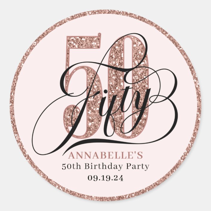 Rose Gold Glitter 50th Birthday Typography Classic Round Sticker