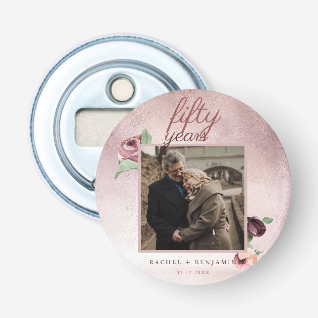 Rose Gold Glitter 50th Wedding Anniversary  Bottle Opener (Front)