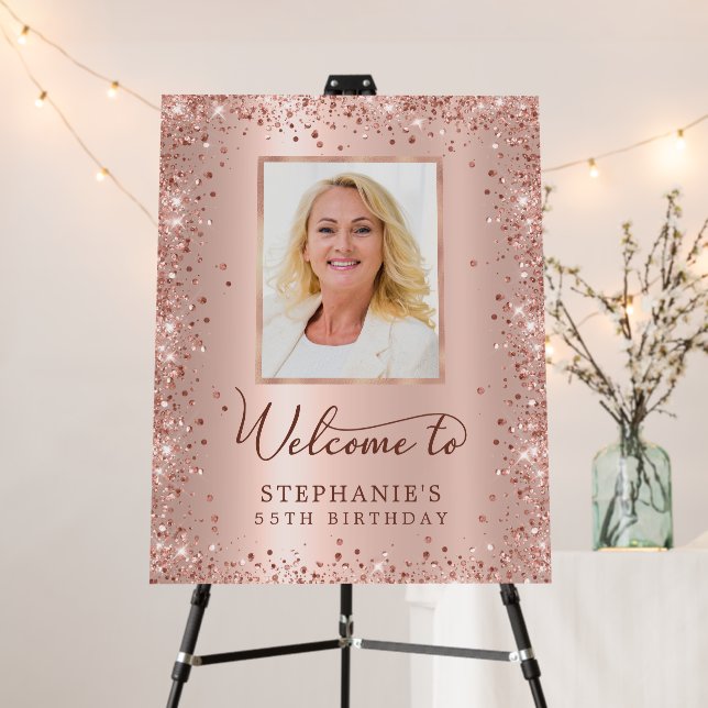 Rose Gold Glitter 55th Birthday Photo Welcome  Foam Board (In Situ (Stand))