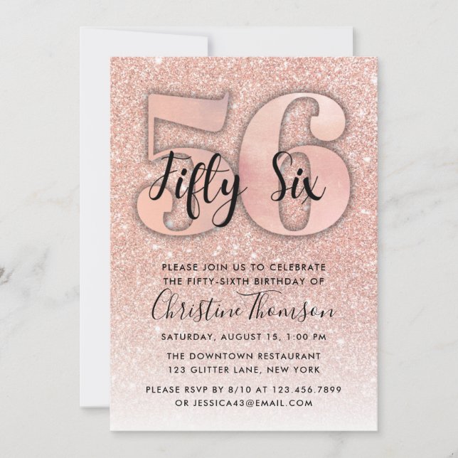 Rose Gold Glitter 56th Birthday Invitation (Front)