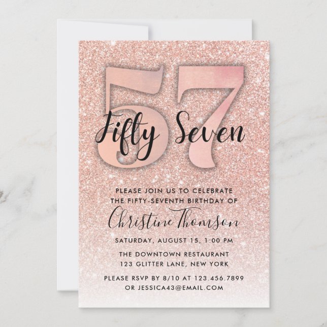 Rose Gold Glitter 57th Birthday Invitation (Front)