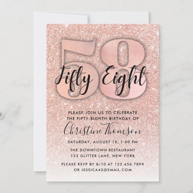 Rose Gold Glitter 58th Birthday Invitation (Front)