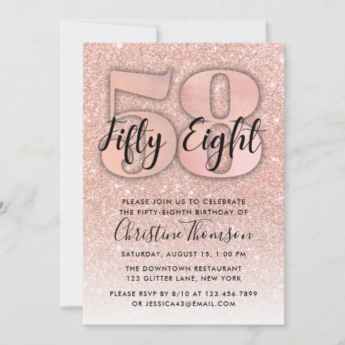 Rose Gold Glitter 58th Birthday Invitation