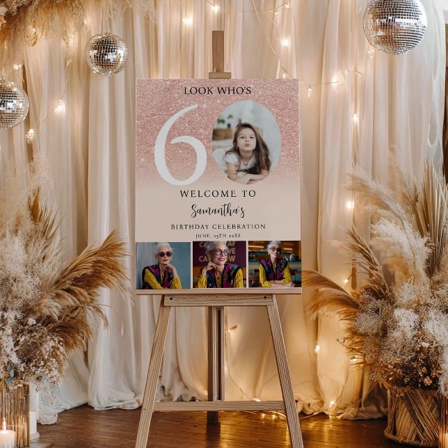 Rose gold glitter 60th Birthday 4 Photo Welcome Foam Board (Rose gold glitter 60th Birthday 4 Photo Welcome Foam Board)