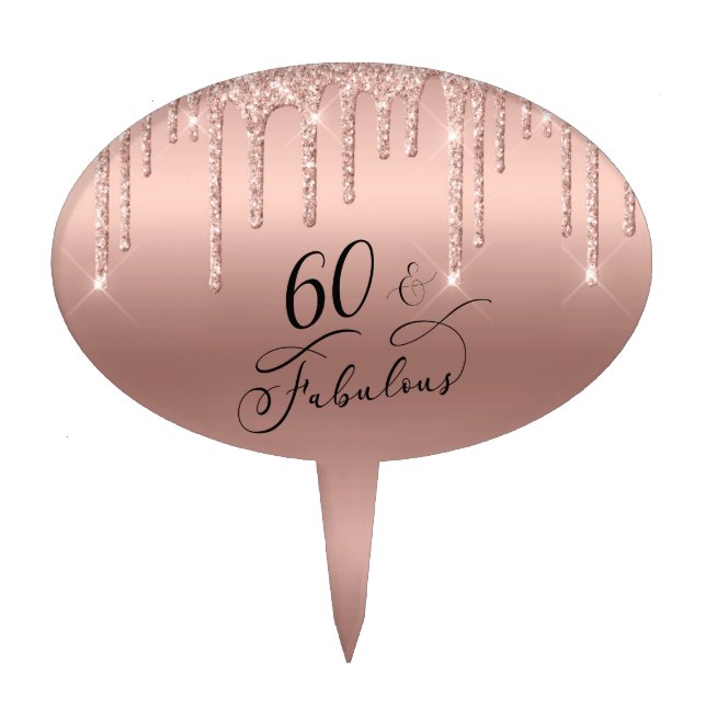 Rose Gold Glitter 60th Birthday Cake Topper (Front)