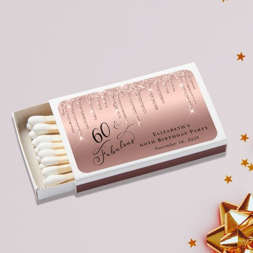Rose Gold Glitter 60th Birthday Party Favor Matchboxes