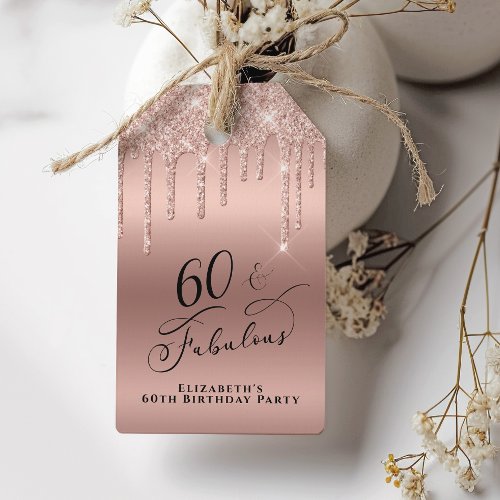 Rose Gold Glitter 60th Birthday Party Gift Tags
