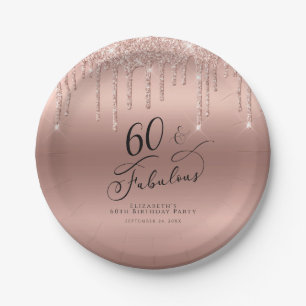 Rose Gold Glitter 60th Birthday Party Paper Plates