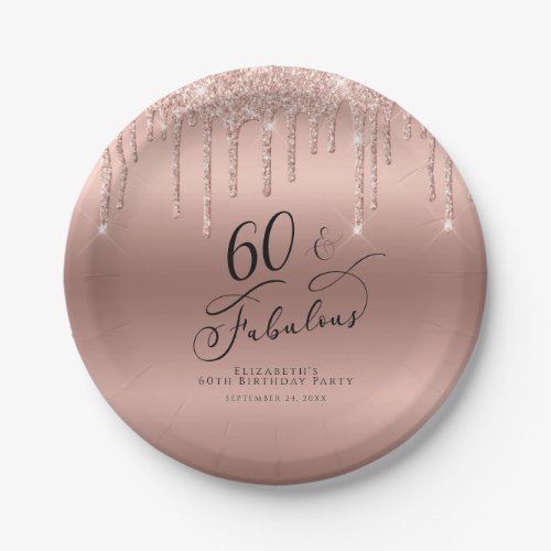 Rose Gold Glitter 60th Birthday Party Paper Plates