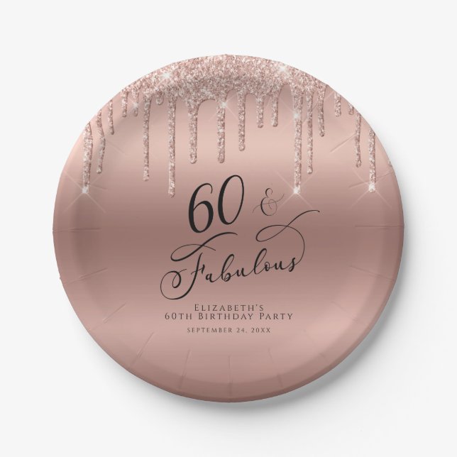 Rose Gold Glitter 60th Birthday Party Paper Plates (Front)